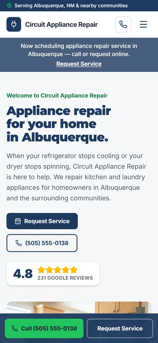 Appliance Repair website design, look 2 on a phone