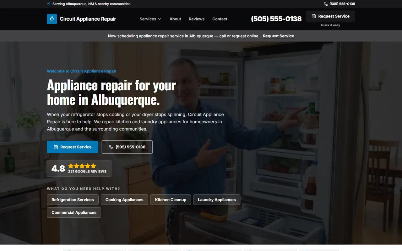 Example appliance repair website design
