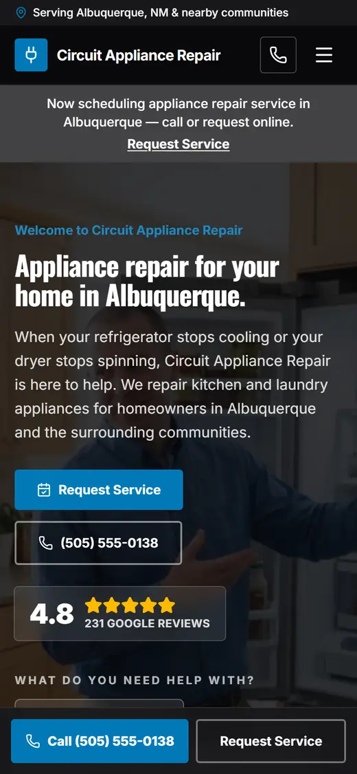 Example appliance repair website design on a phone