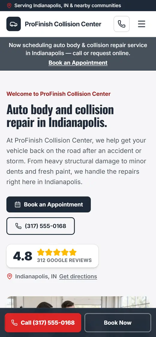Example auto body & collision website design on a phone
