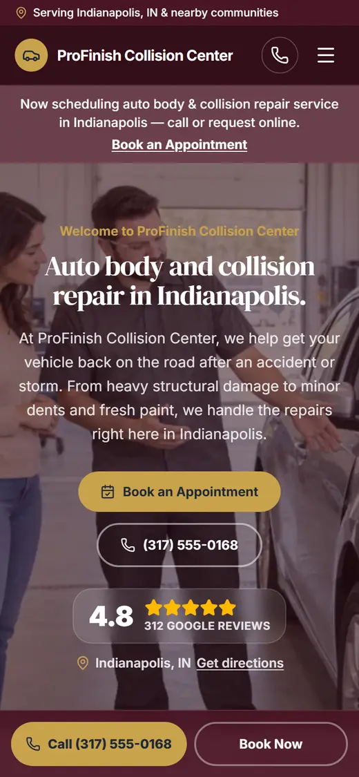 Auto Body & Collision website design, look 2 on a phone