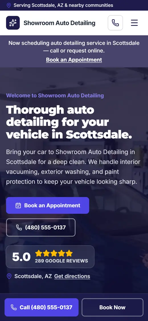 Example auto detailing website design on a phone