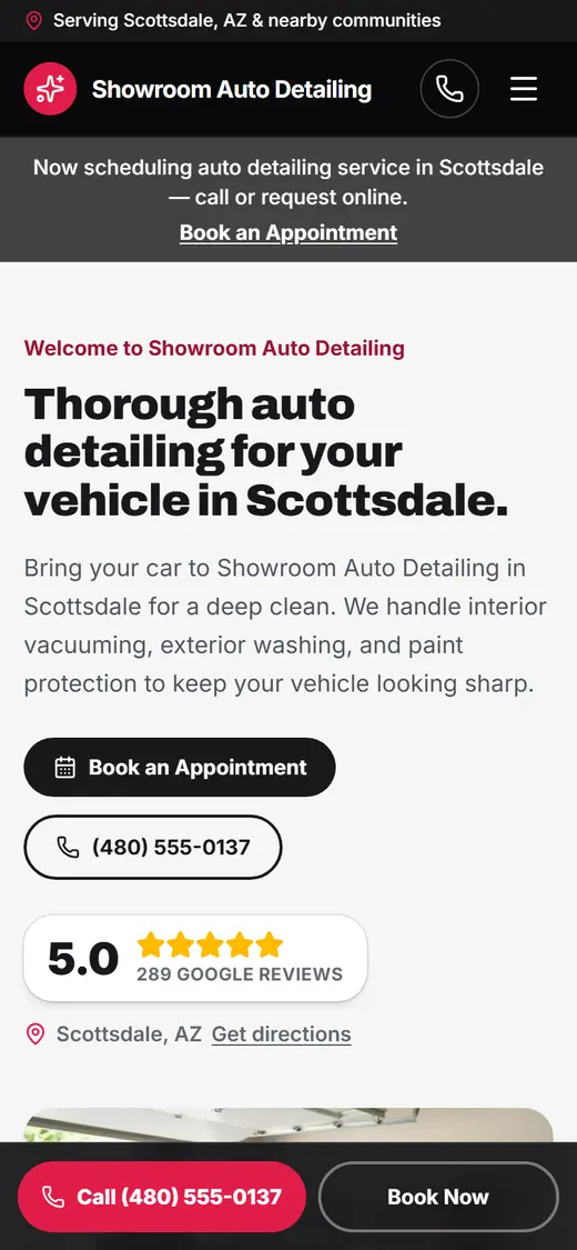 Auto Detailing website design, look 2 on a phone