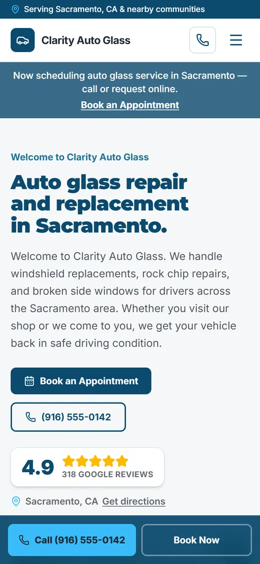 Example auto glass website design on a phone