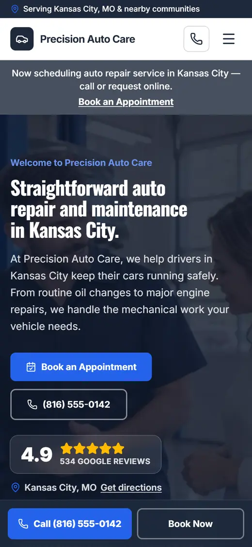 Example auto repair website design on a phone