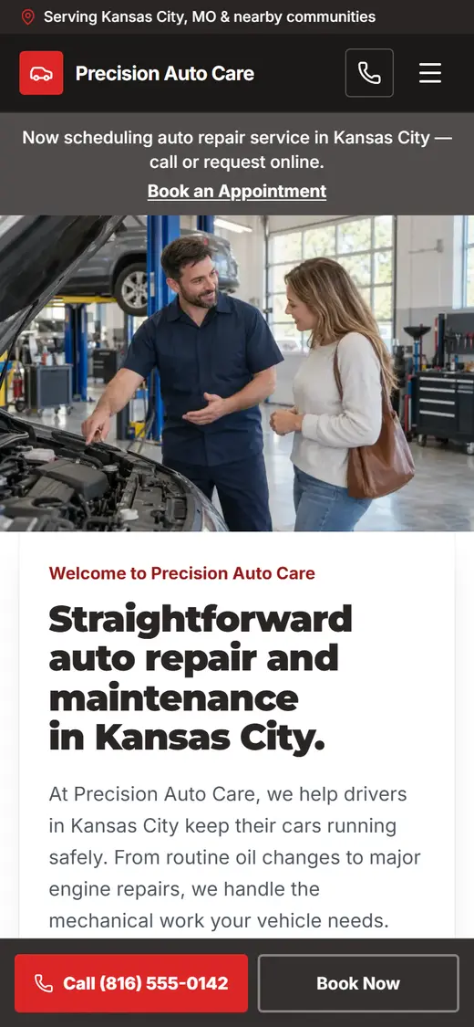 Auto Repair website design, look 2 on a phone
