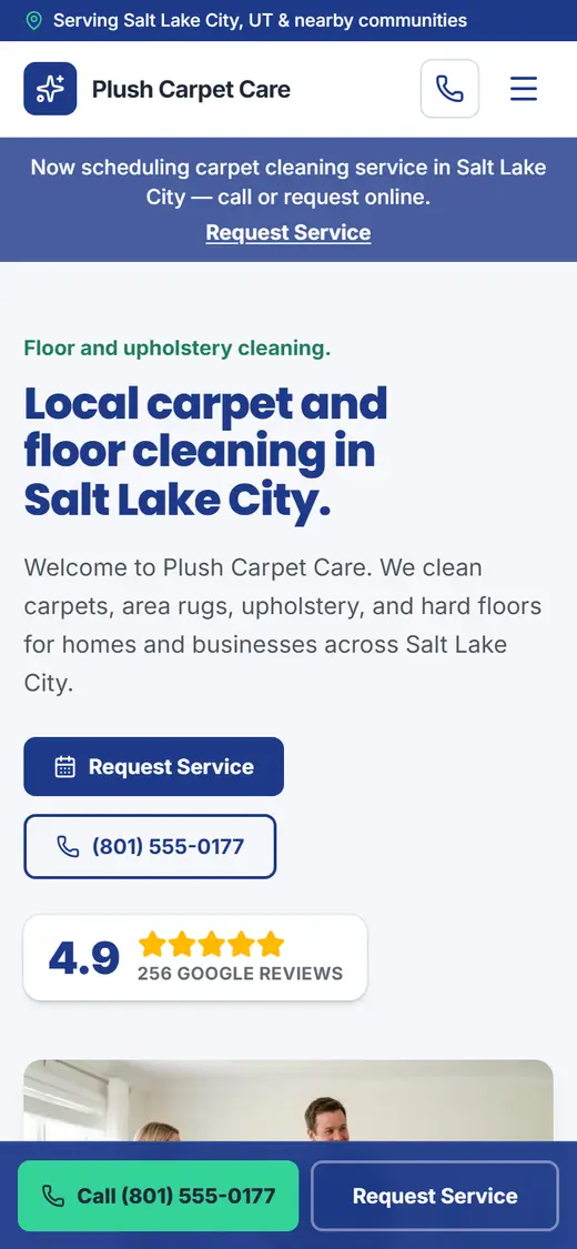 Example carpet cleaning website design on a phone