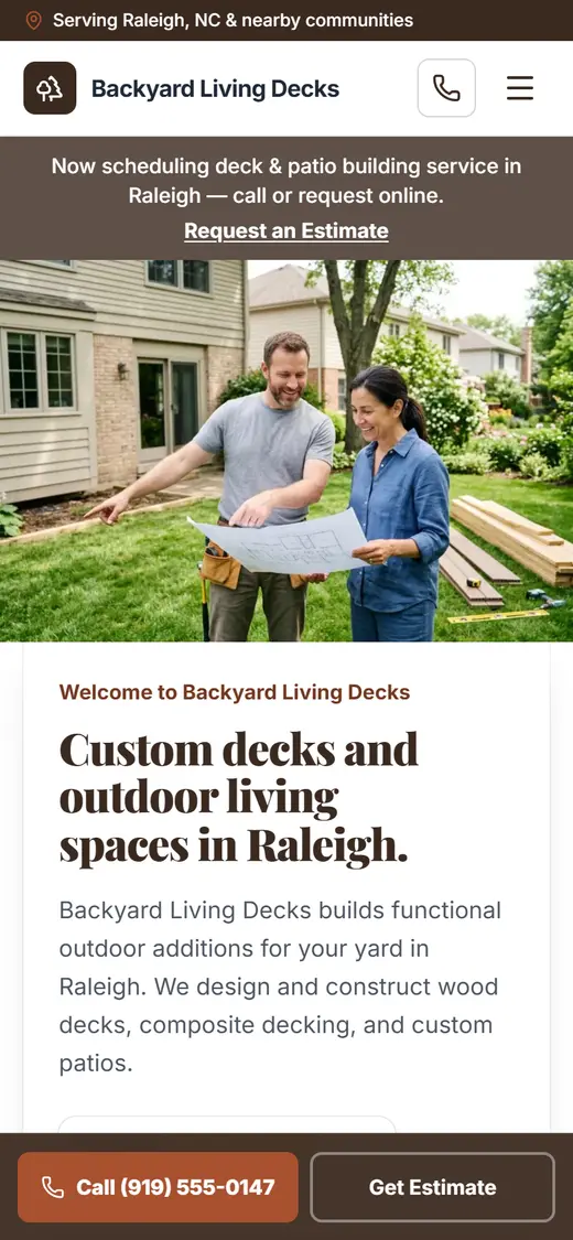 Example decks & patios website design on a phone
