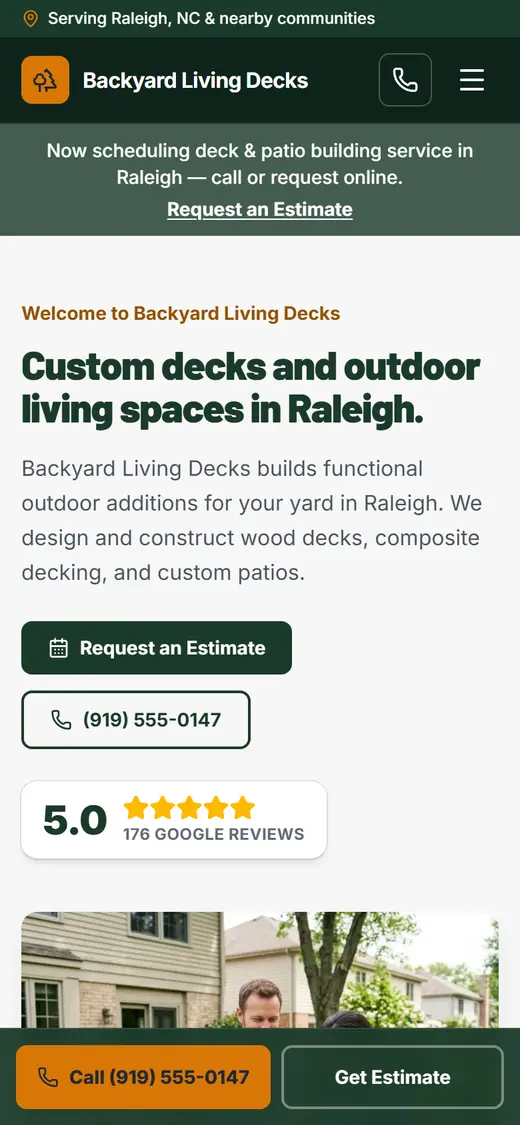 Decks & Patios website design, look 2 on a phone