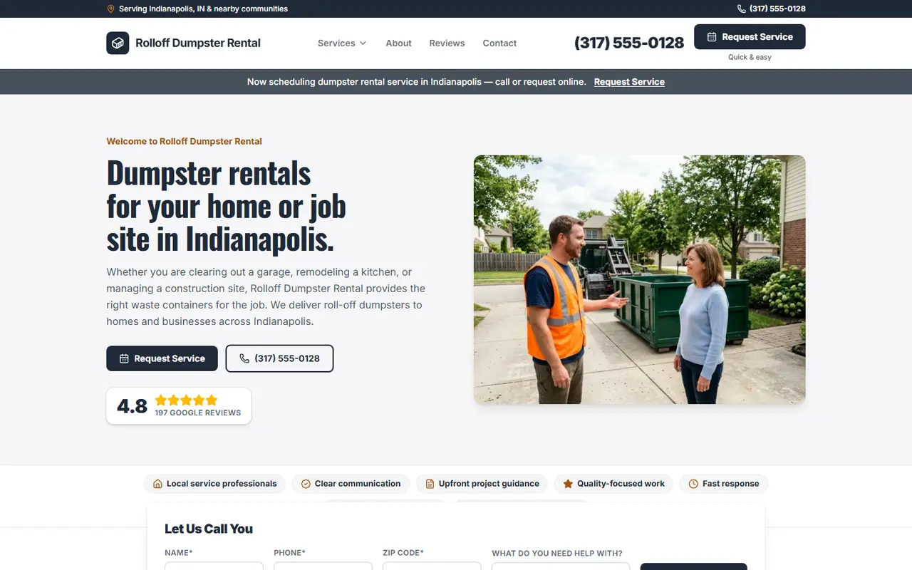 Example dumpster rental website design