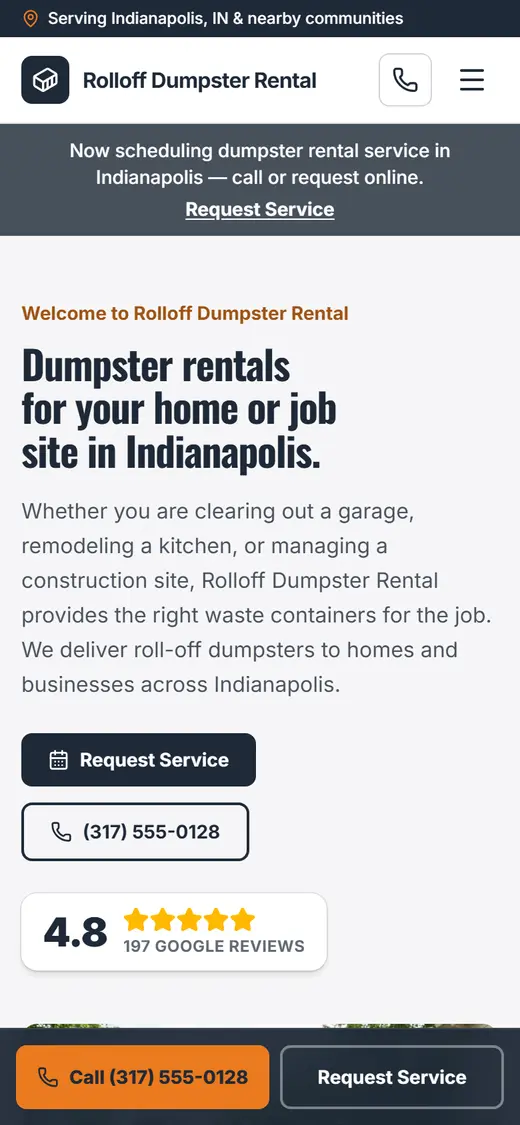 Example dumpster rental website design on a phone