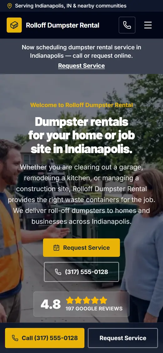 Dumpster Rental website design, look 2 on a phone