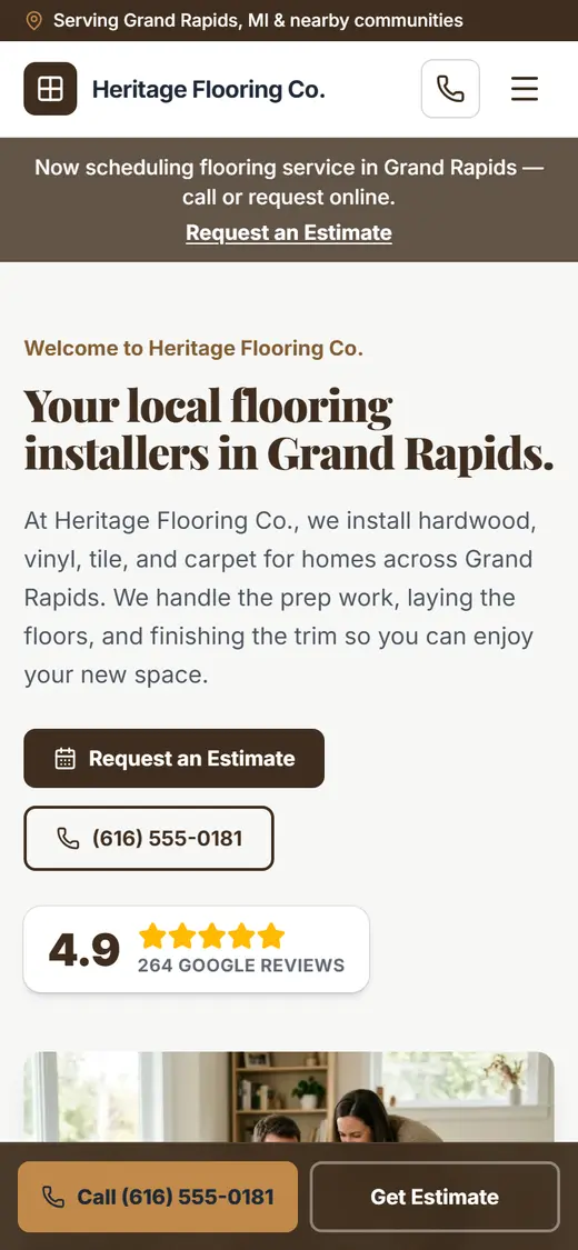 Example flooring website design on a phone