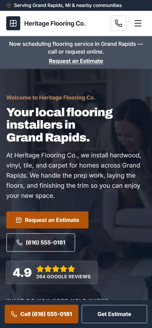 Flooring website design, look 2 on a phone