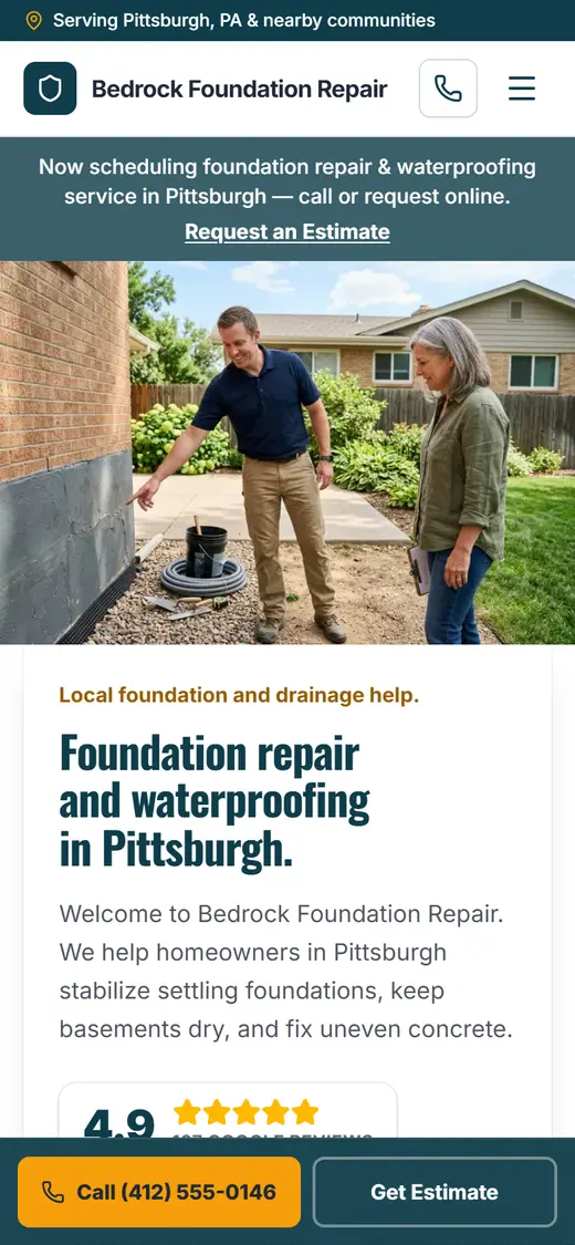 Example foundation & waterproofing website design on a phone
