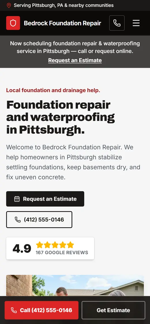 Foundation & Waterproofing website design, look 2 on a phone