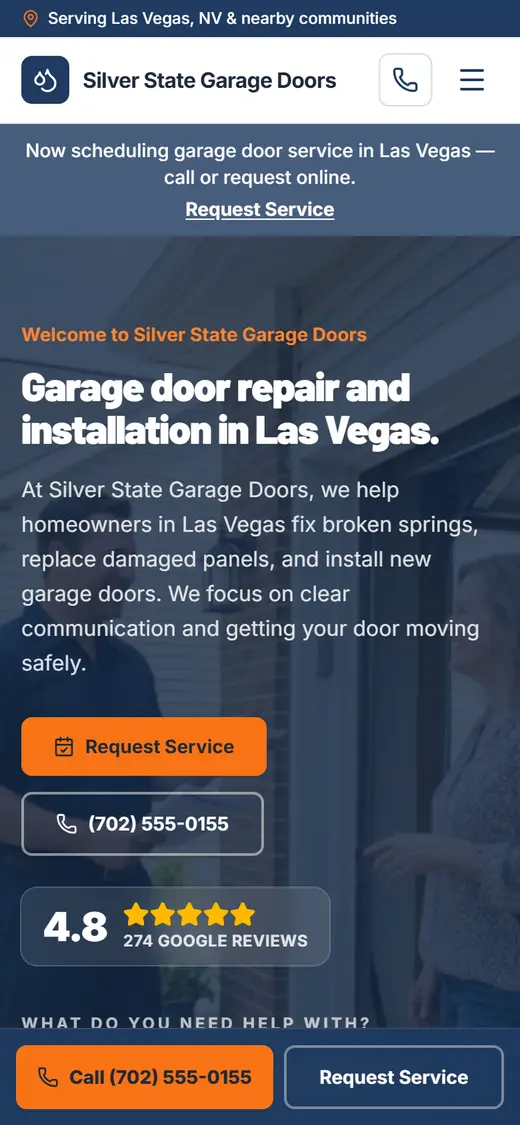 Example garage doors website design on a phone