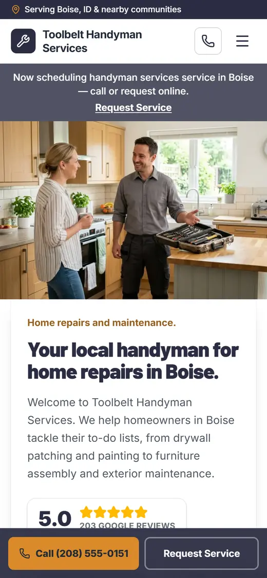 Example handyman website design on a phone