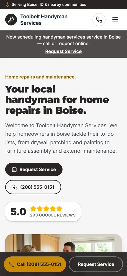 Handyman website design, look 2 on a phone