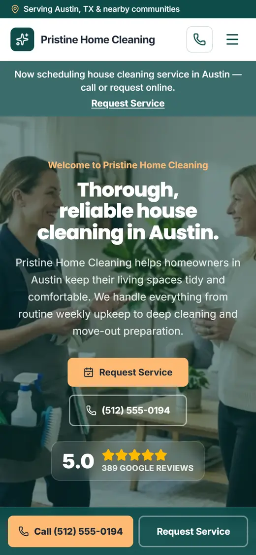 Example house cleaning website design on a phone