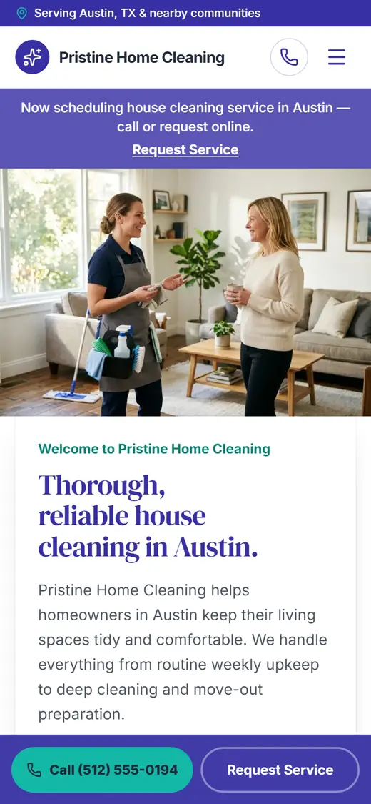 House Cleaning website design, look 2 on a phone