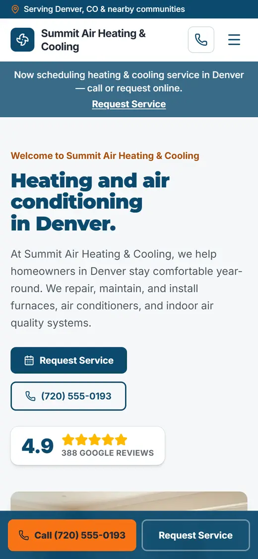 Example heating & air website design on a phone