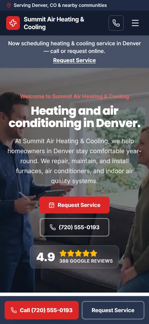 Heating & Air website design, look 2 on a phone