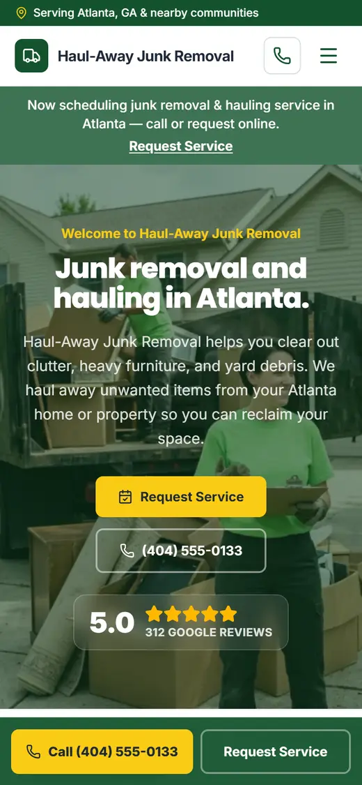 Example junk removal website design on a phone