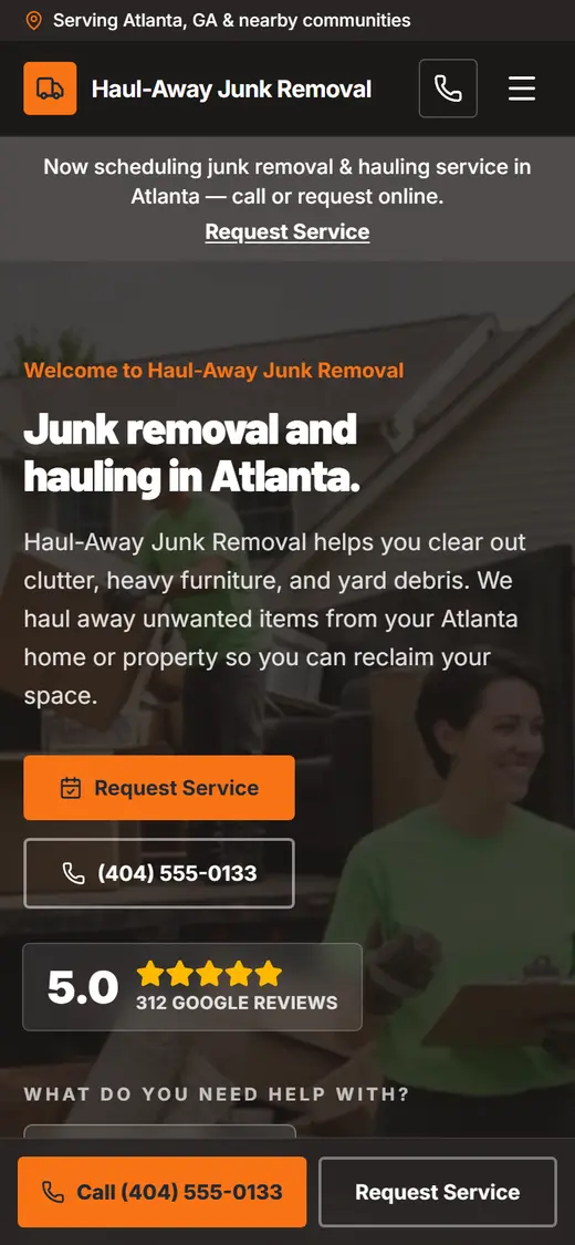 Junk Removal website design, look 2 on a phone