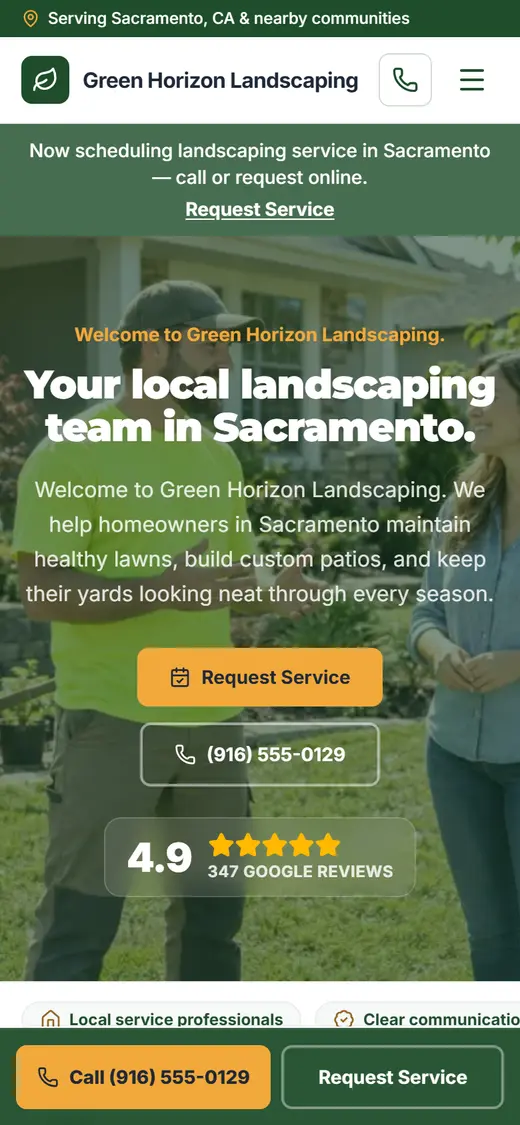 Example landscaping website design on a phone