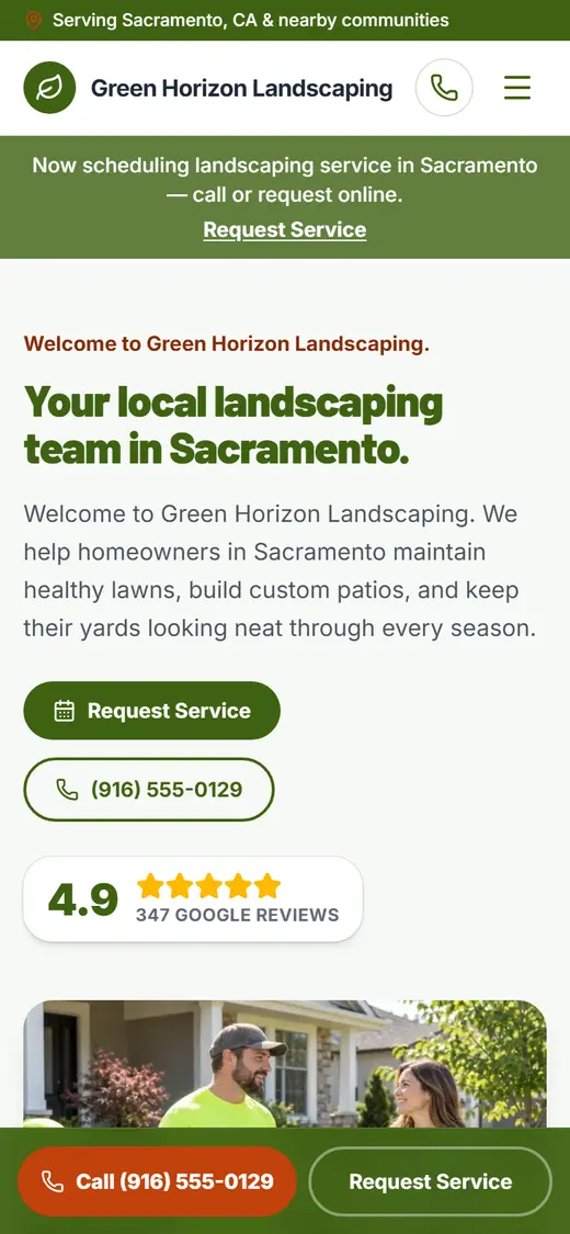 Landscaping website design, look 2 on a phone