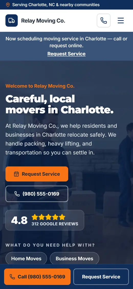 Example movers website design on a phone
