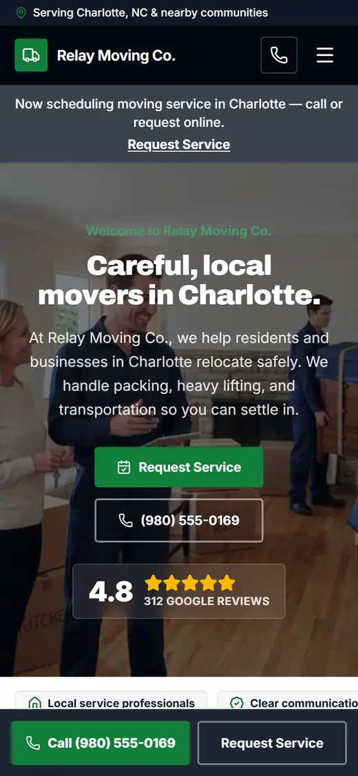 Movers website design, look 2 on a phone