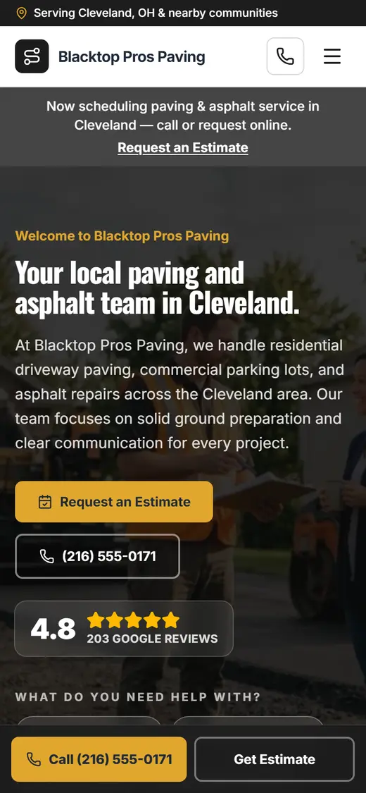 Example paving & asphalt website design on a phone