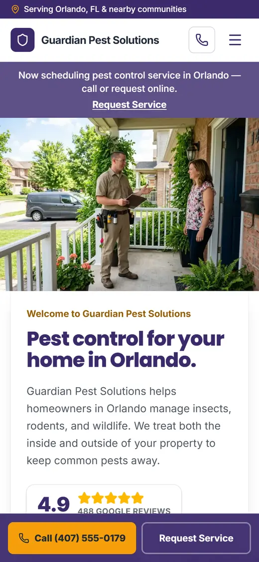 Example pest control website design on a phone