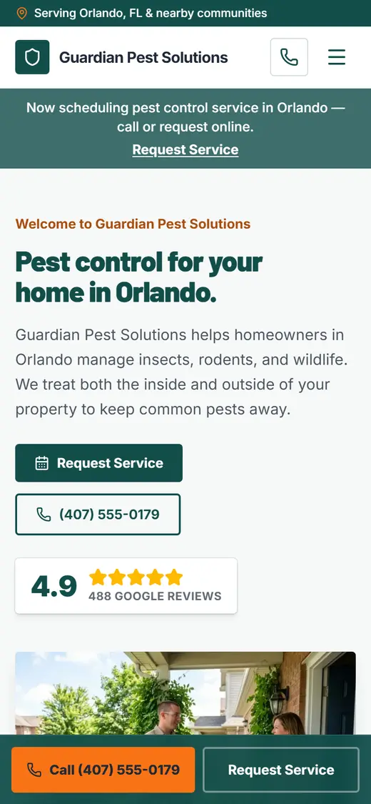 Pest Control website design, look 2 on a phone