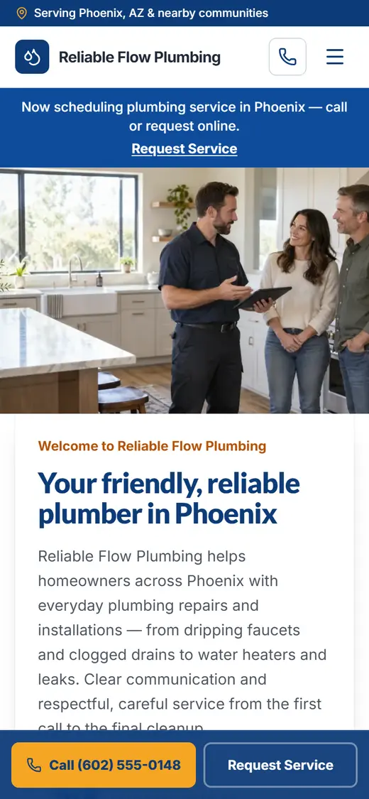 Example plumbing website design on a phone