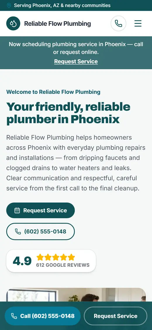 Plumbing website design, look 2 on a phone