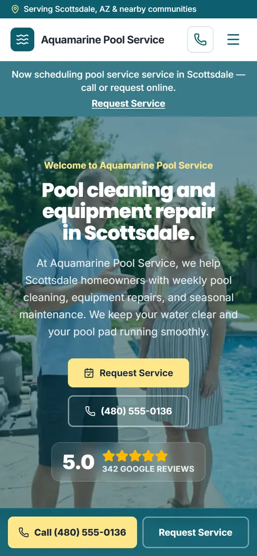 Example pool service website design on a phone
