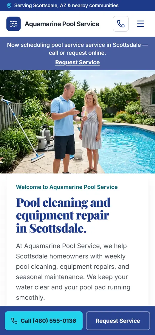Pool Service website design, look 2 on a phone