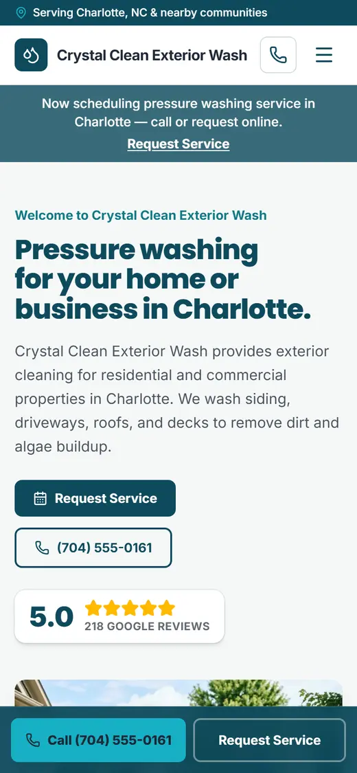 Example pressure washing website design on a phone