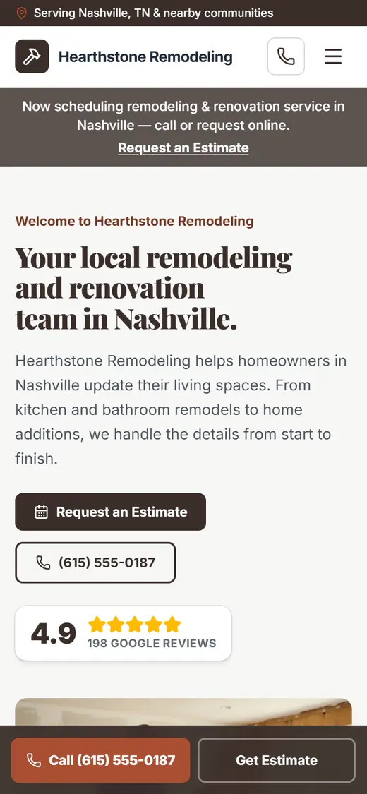 Example remodeling website design on a phone