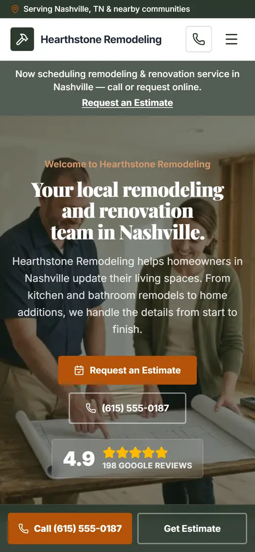 Remodeling website design, look 2 on a phone