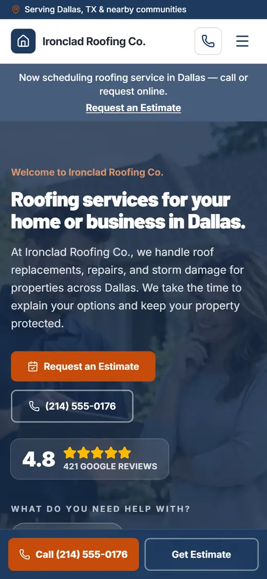 Example roofing website design on a phone