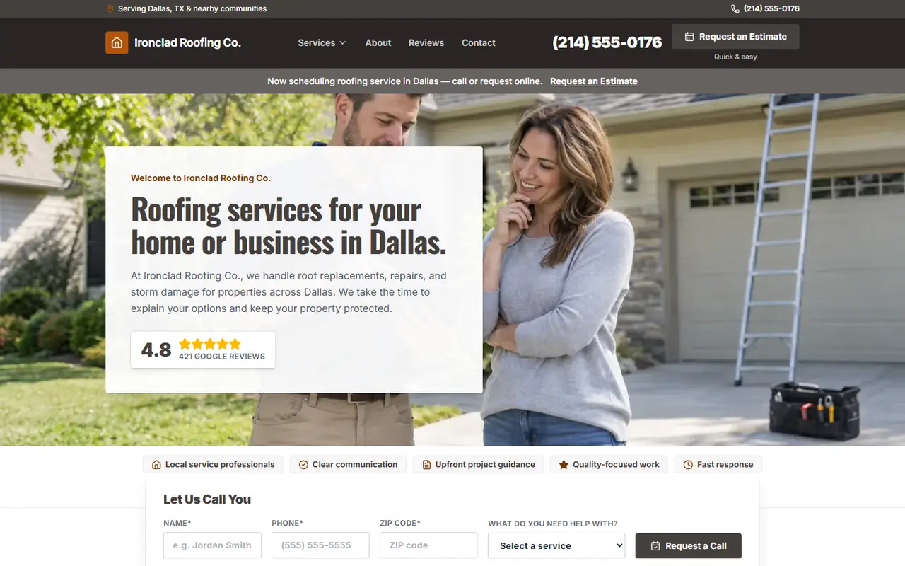 Roofing website design, look 2