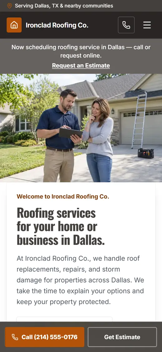 Roofing website design, look 2 on a phone