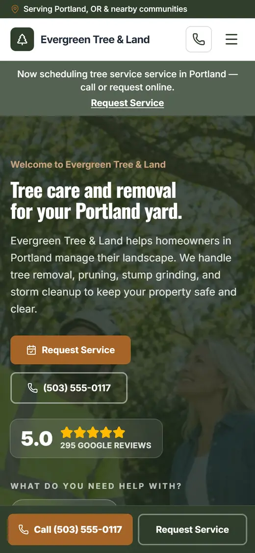 Example tree service website design on a phone