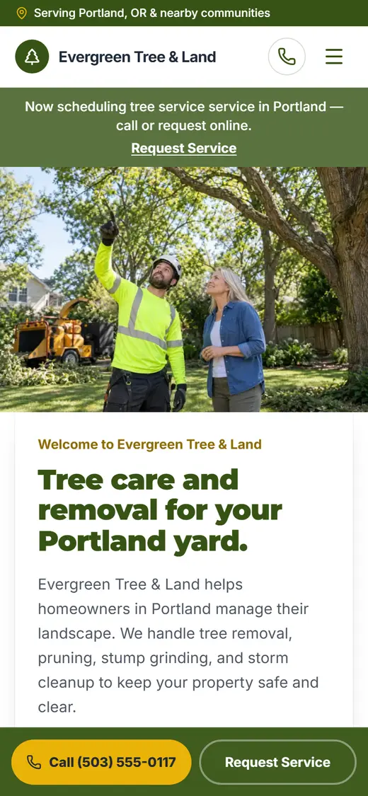Tree Service website design, look 2 on a phone