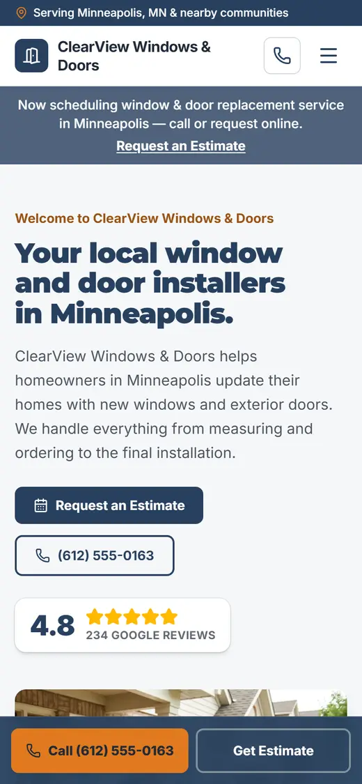 Example windows & doors website design on a phone