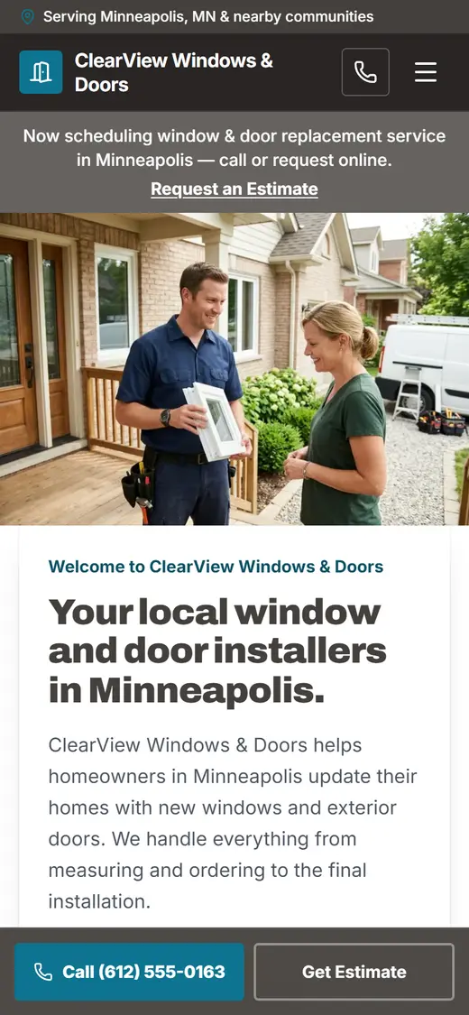 Windows & Doors website design, look 2 on a phone